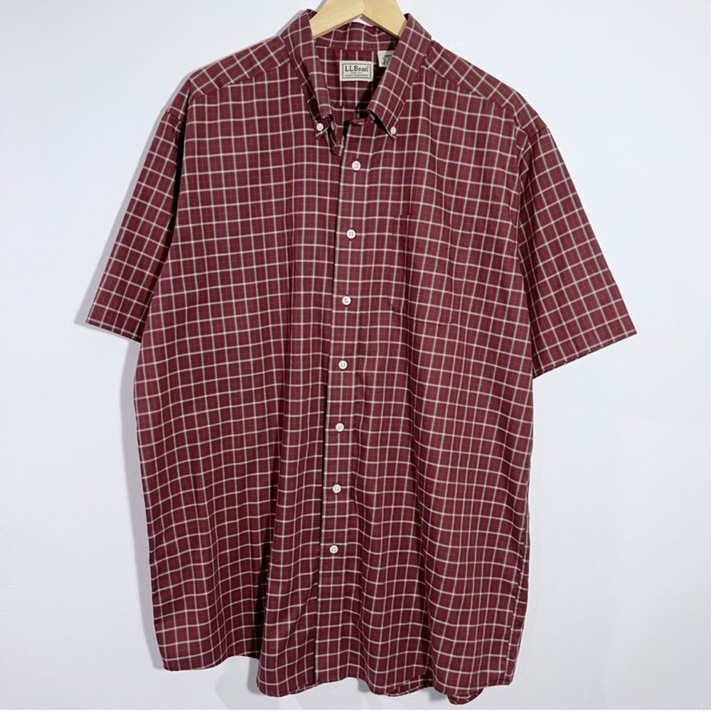 L.L. Bean Mens Burgundy Plaid Short Sleeves Button Down Shirt Size XL Tall